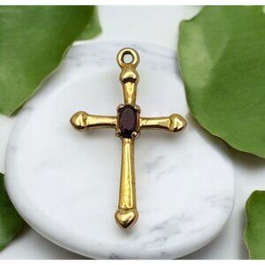 Vintage Cross Pendant Gold Tone Red Rhinestone Accent Christian Faith Jewelry